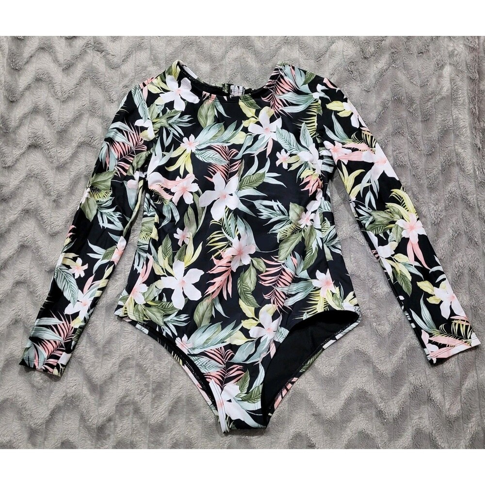 Kona Sol Womens L Tropical Floral One Piece Long Sleeve Rash Guard Swimsuit NWOT